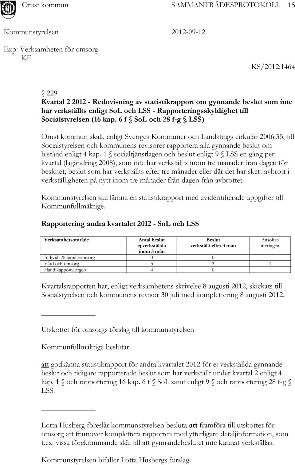 6 f SoL och 28 f-g LSS) Orust kommun skall, enligt Sveriges Kommuner och Landstings cirkulär 2006:35, till Socialstyrelsen och kommunens revisorer rapportera alla gynnande beslut om bistånd enligt 4