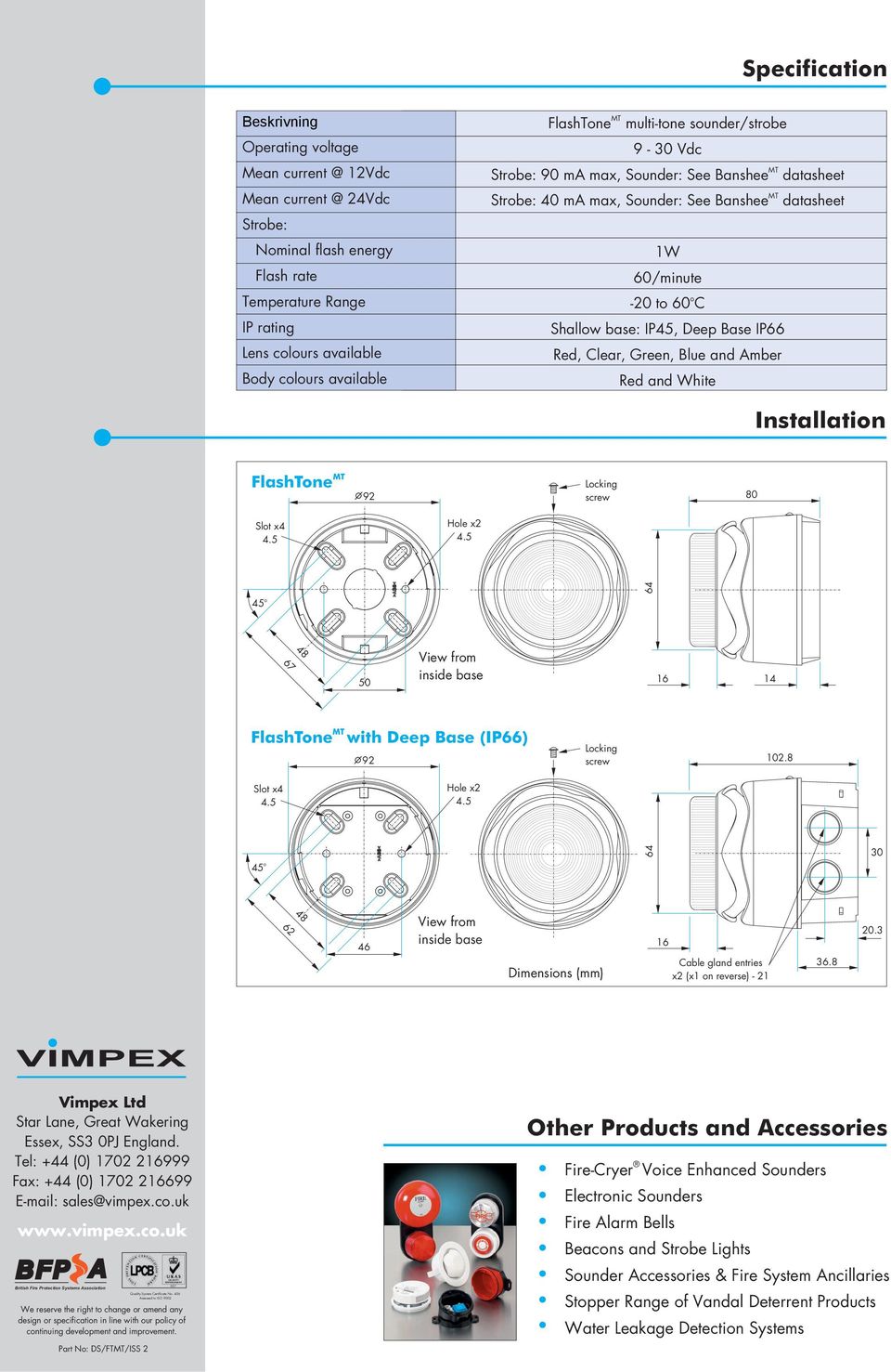 Red and White datasheet datasheet Installatin FlashTne 92 Lcking screw 80 Slt x4 Hle x2 45 64 48 67 50 View frm inside base 16 14 FlashTne with Deep Base (IP66) 92 Lcking screw 102.