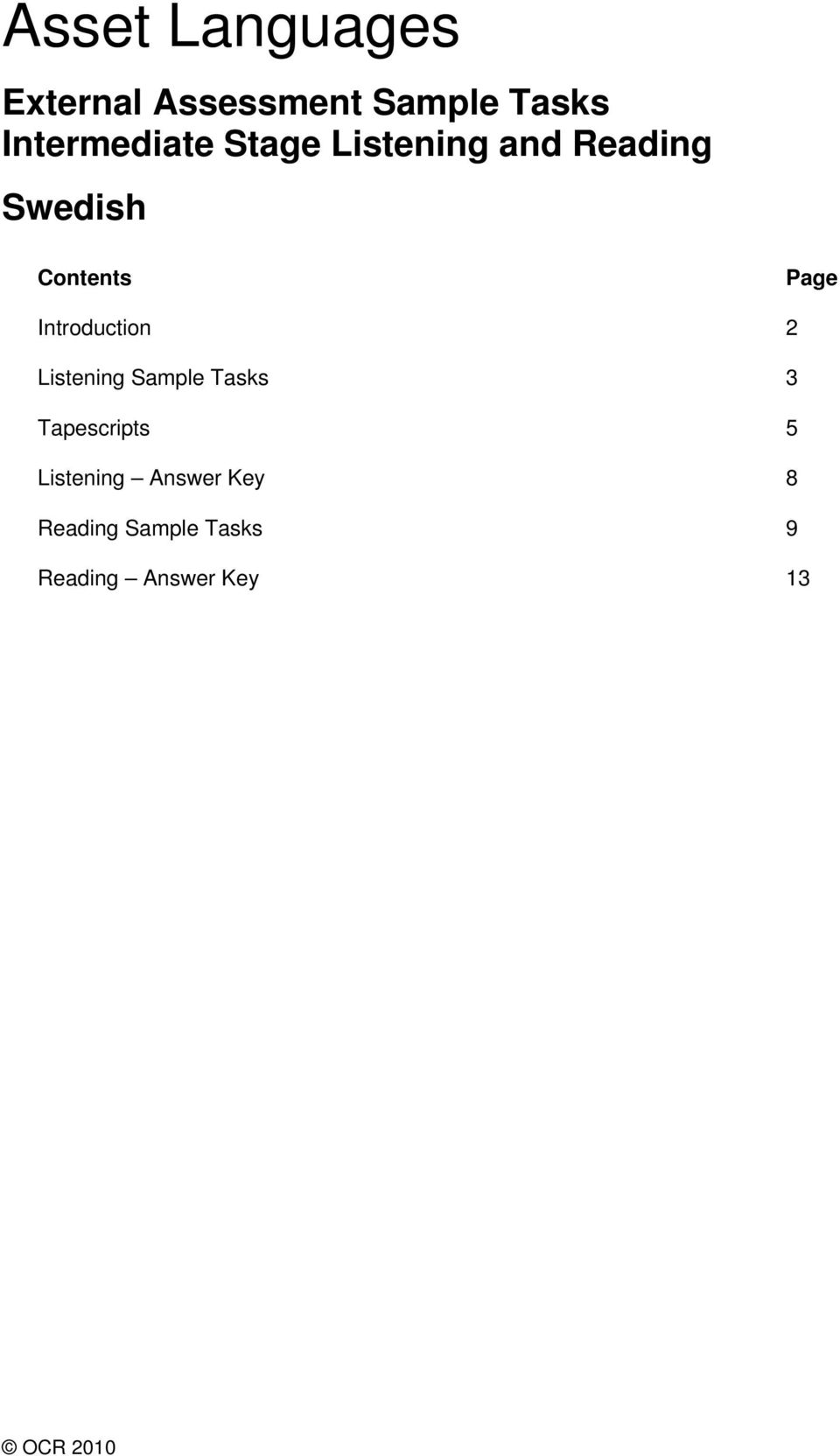 Page Introduction 2 Listening Sample Tasks 3 Tapescripts 5
