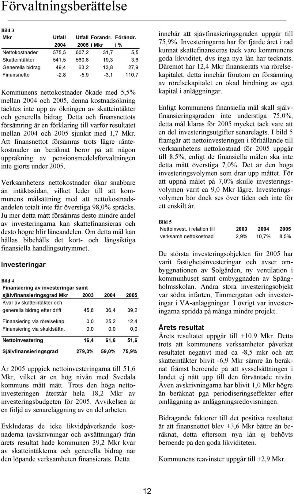 2004 2005 i Mkr i % Nettokostnader 575,5 607,2 31,7 5,5 Skatteintäkter 541,5 560,8 19,3 3,6 Generella bidrag 49,4 63,2 13,8 27,9 Finansnetto -2,8-5,9-3,1 110,7 Kommunens nettokostnader ökade med 5,5%