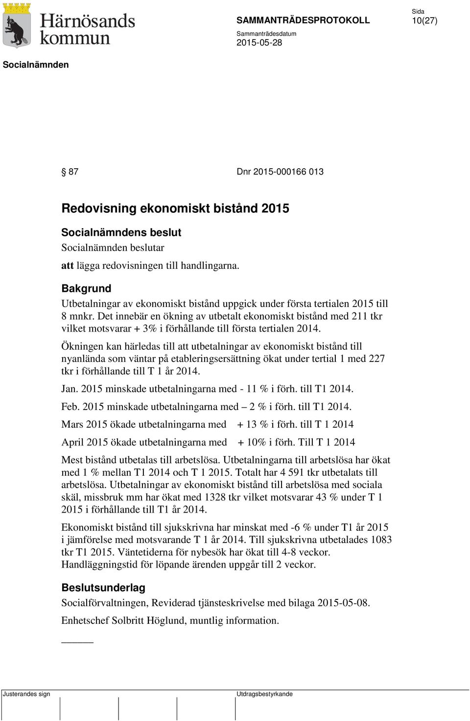 Det innebär en ökning av utbetalt ekonomiskt bistånd med 211 tkr vilket motsvarar + 3% i förhållande till första tertialen 2014.