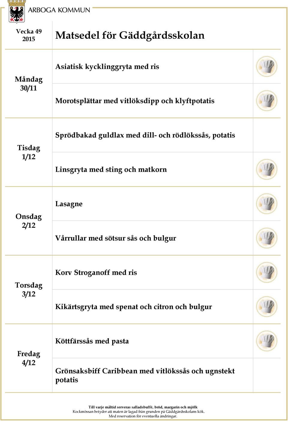 Vårrullar med sötsur sås och bulgur 3/12 Korv Stroganoff med ris Kikärtsgryta med spenat och