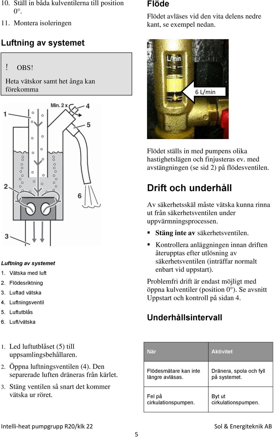 Drift och underhåll Luftning av systemet 1. Vätska med luft 2. Flödesriktning 3. Luftad vätska 4. Luftningsventil 5. Luftutblås 6.