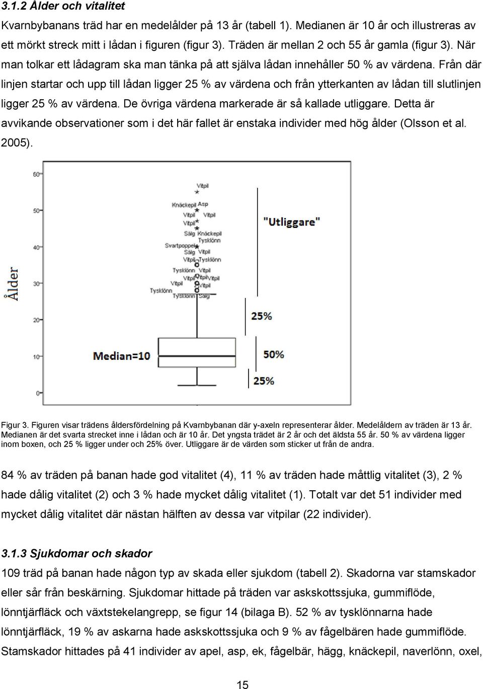 Från där linjen startar och upp till lådan ligger 25 % av värdena och från ytterkanten av lådan till slutlinjen ligger 25 % av värdena. De övriga värdena markerade är så kallade utliggare.