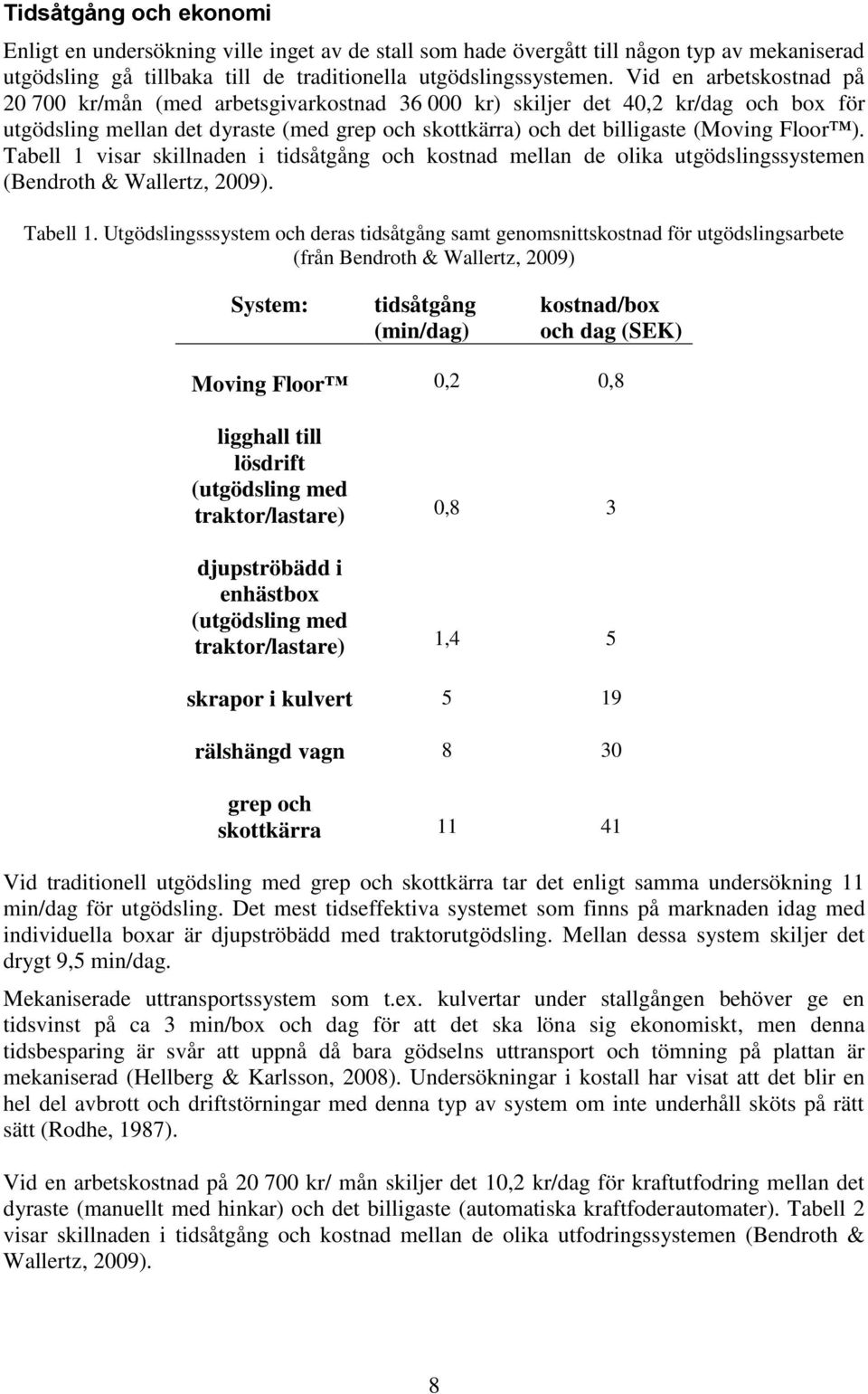 Tabell 1 visar skillnaden i tidsåtgång och kostnad mellan de olika utgödslingssystemen (Bendroth & Wallertz, 2009). Tabell 1.