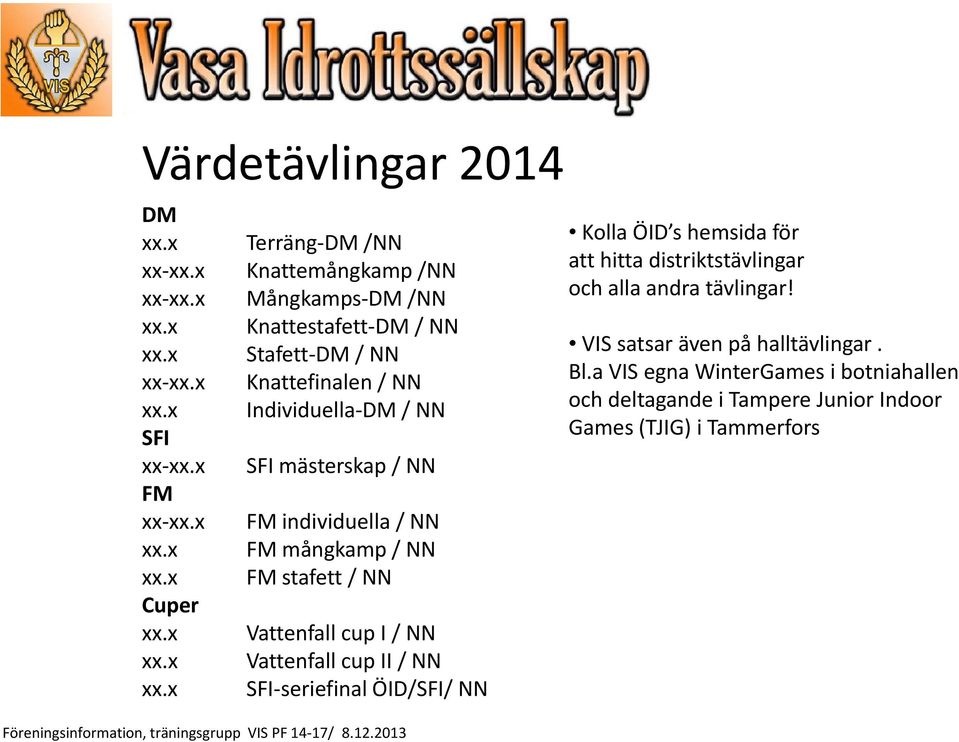 I / NN Vattenfall cup II / NN SFI seriefinal ÖID/SFI/ NN Kolla ÖID s hemsida för att hitta distriktstävlingar och alla andra tävlingar!