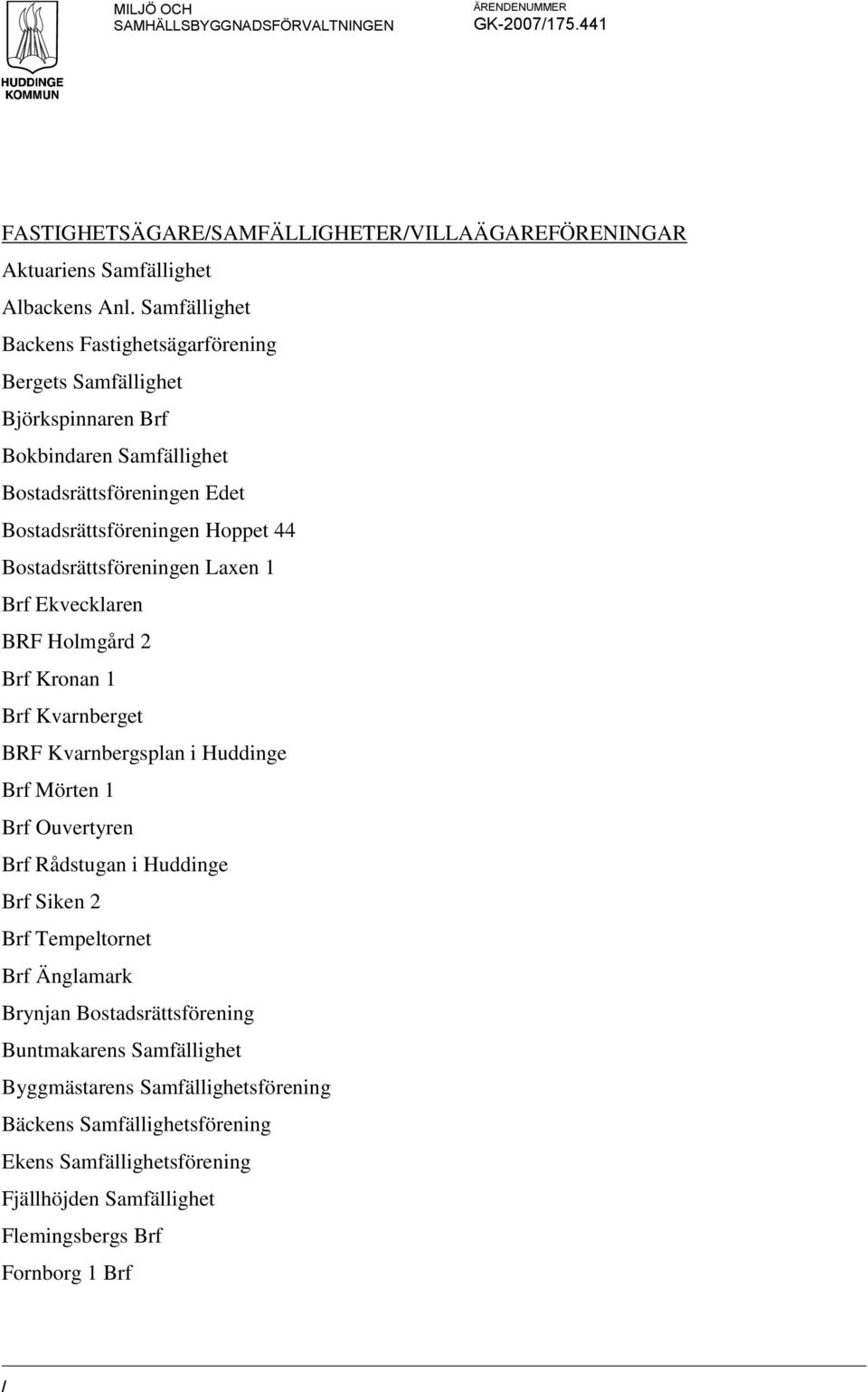 Bostadsrättsföreningen Laxen 1 Brf Ekvecklaren BRF Holmgård 2 Brf Kronan 1 Brf Kvarnberget BRF Kvarnbergsplan i Huddinge Brf Mörten 1 Brf Ouvertyren Brf Rådstugan i Huddinge