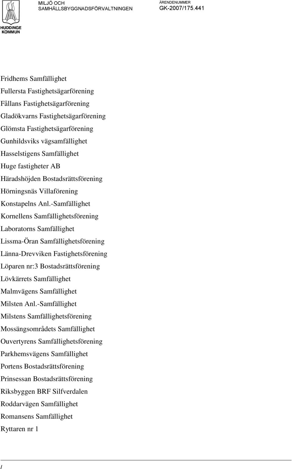 Samfällighet Huge fastigheter AB Häradshöjden Bostadsrättsförening Hörningsnäs Villaförening Konstapelns Anl.