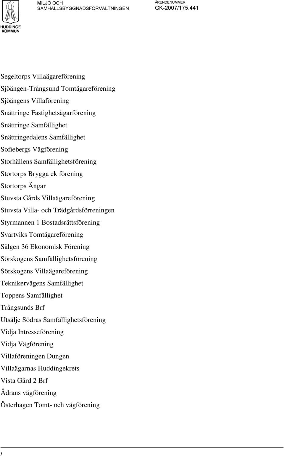 Vägförening Storhällens Samfällighetsförening Stortorps Brygga ek förening Stortorps Ängar Stuvsta Gårds Villaägareförening Stuvsta Villa- och Trädgårdsförreningen Styrmannen 1