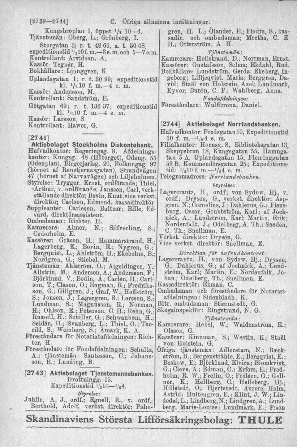 Kassör: 'I'egner, H. Kassörer: Gustafsson, Selma; Ekdahl, Rud. Bokhållare: Ljunggren, K. Bokhållare: Lundström, Gerda; Eke berg, In- Uplandsgatan 1; r. t. 30 99; expeditionstid.g~borg; Lilljeqvist. M.