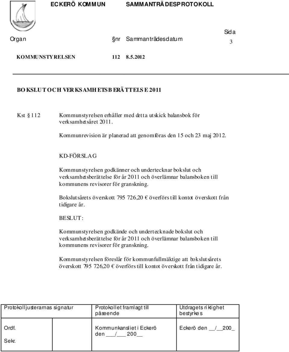 KD-FÖRSLAG Kommunstyrelsen godkänner och undertecknar bokslut och verksamhetsberättelse för år 2011 och överlämnar balansboken till kommunens revisorer för granskning.