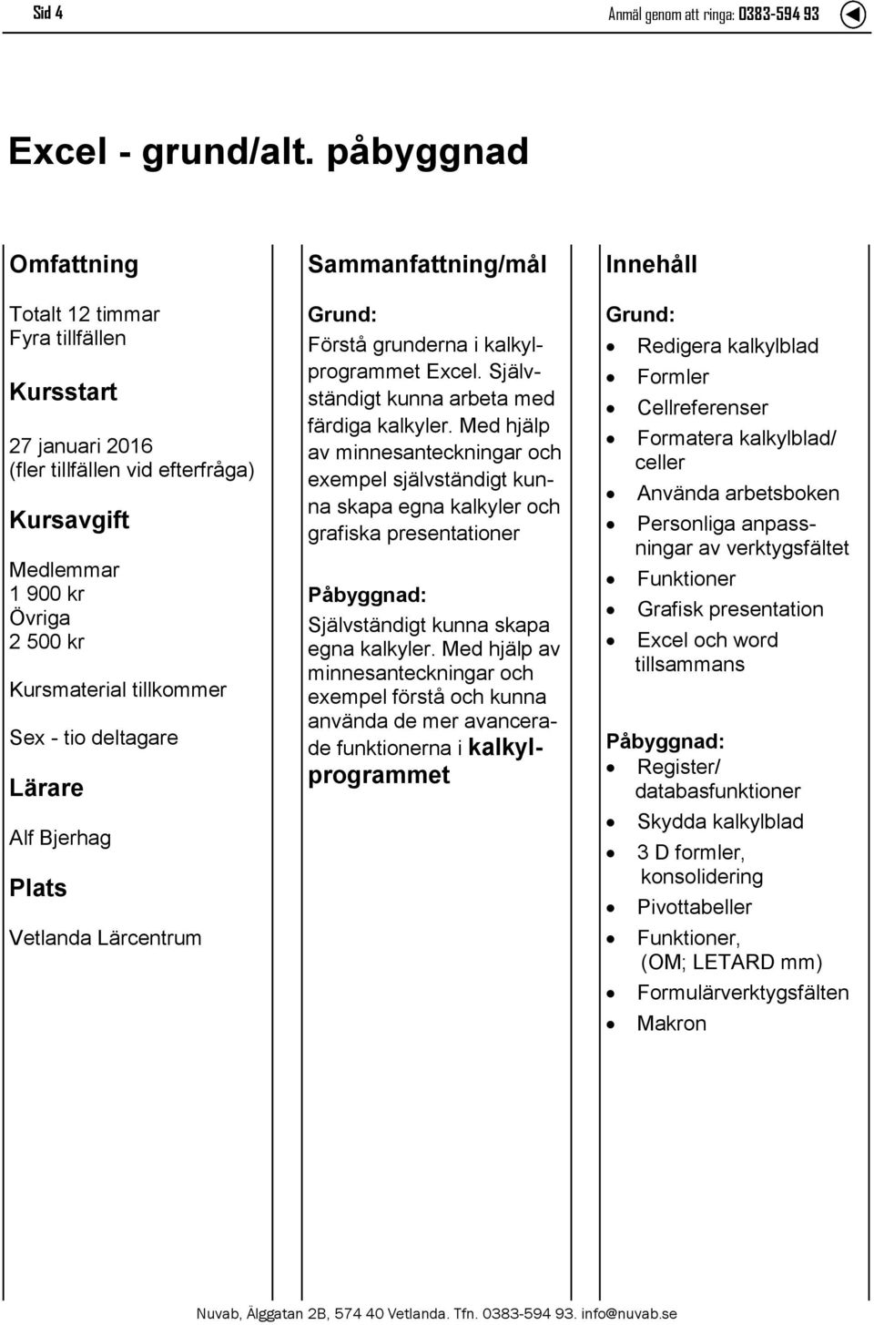 grunderna i kalkylprogrammet Excel. Självständigt kunna arbeta med färdiga kalkyler.