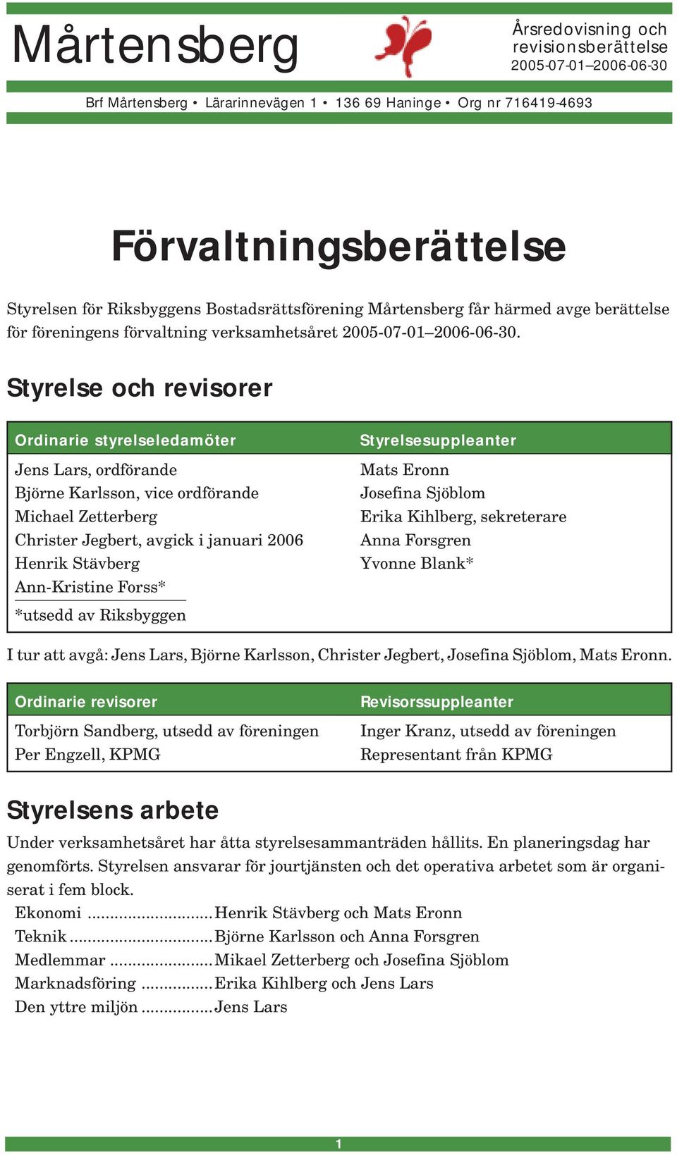 Styrelse och revisorer Ordinarie styrelseledamöter Jens Lars, ordförande Björne Karlsson, vice ordförande Michael Zetterberg Christer Jegbert, avgick i januari 2006 Henrik Stävberg Ann-Kristine