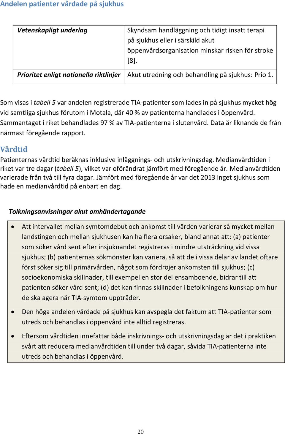 Som visas i tabell 5 var andelen registrerade TIA-patienter som lades in på sjukhus mycket hög vid samtliga sjukhus förutom i Motala, där 40 % av patienterna handlades i öppenvård.