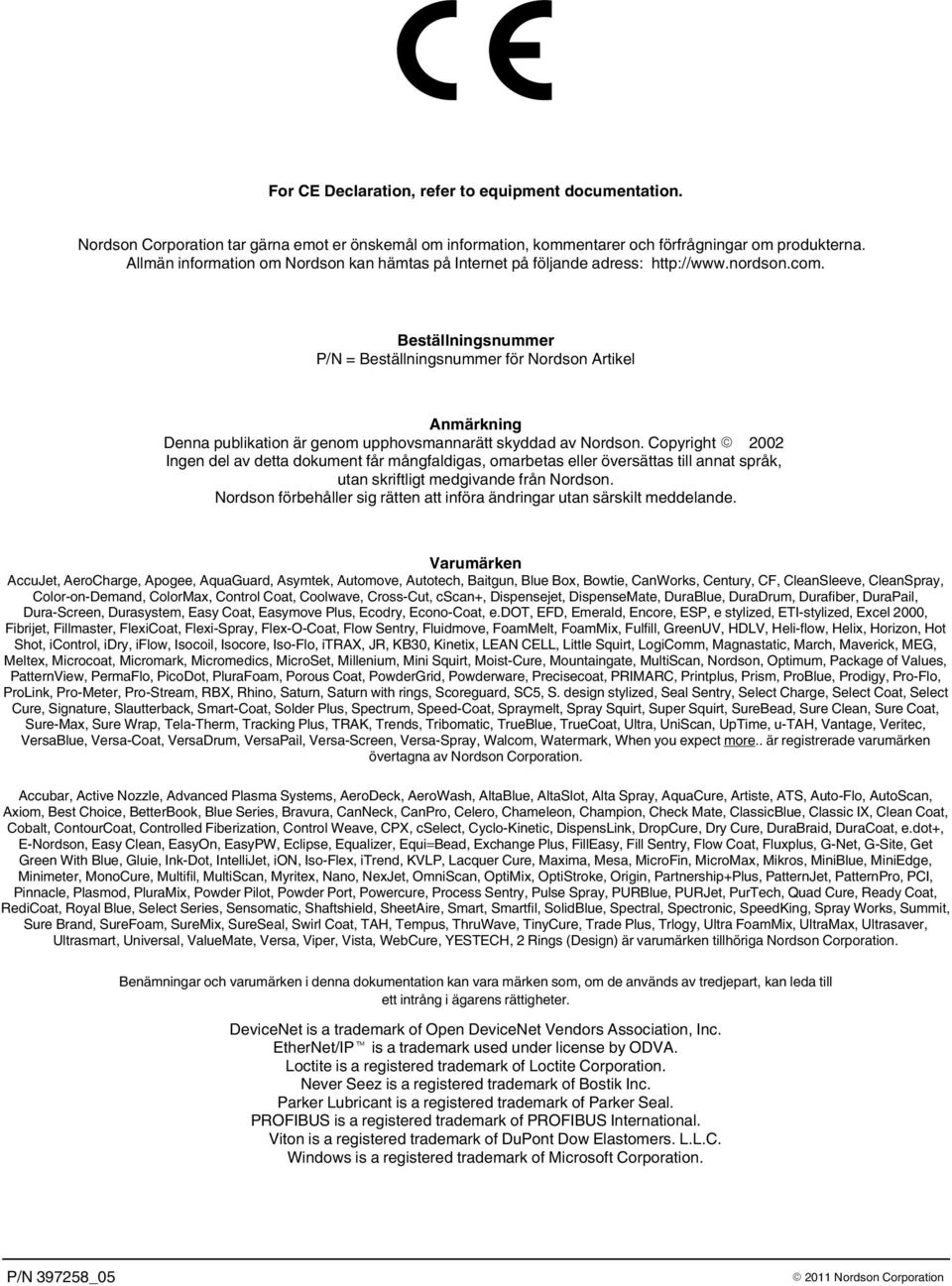 Beställningsnummer P/N = Beställningsnummer för Nordson Artikel Anmärkning Denna publikation är genom upphovsmannarätt skyddad av Nordson.