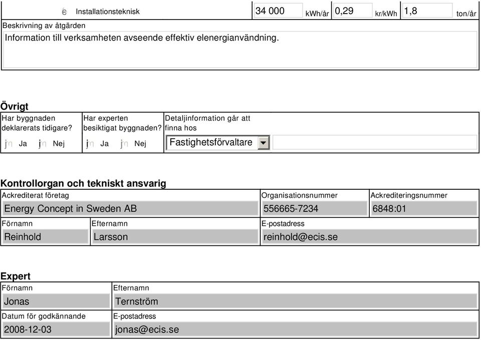 finna hos i Fastighetsförvaltare Kontrollorgan och tekniskt ansvarig Ackrediterat företag Energy Concept in Sweden AB