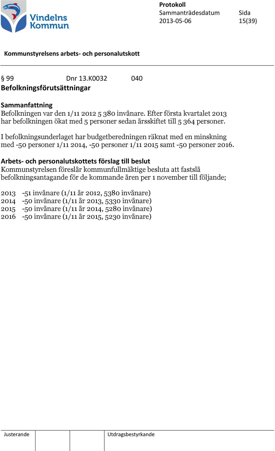 I befolkningsunderlaget har budgetberedningen räknat med en minskning med -50 personer 1/11 2014, -50 personer 1/11 2015 samt -50 personer 2016.