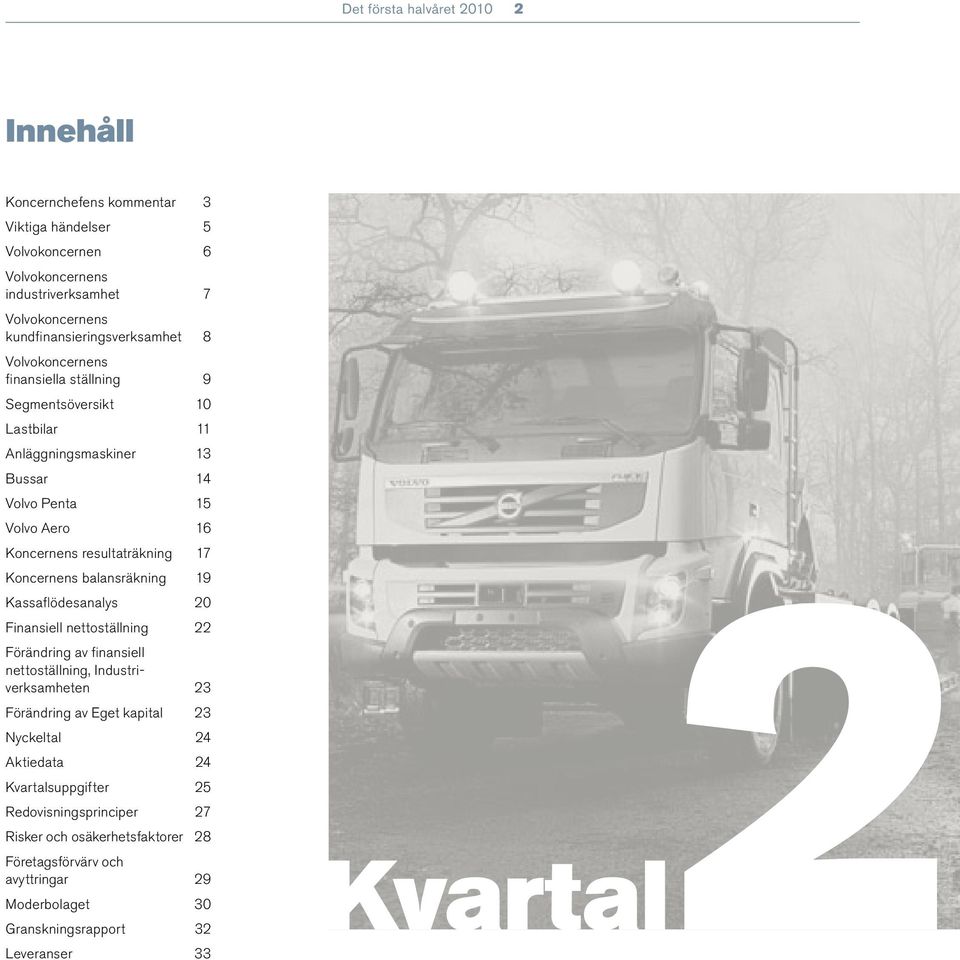 Koncernens resultaträkning 17 Koncernens balansräkning 19 Kvartal2 Kassaflödesanalys 20 Finansiell nettoställning 22 av finansiell nettoställning, Industriverksamheten 23 av