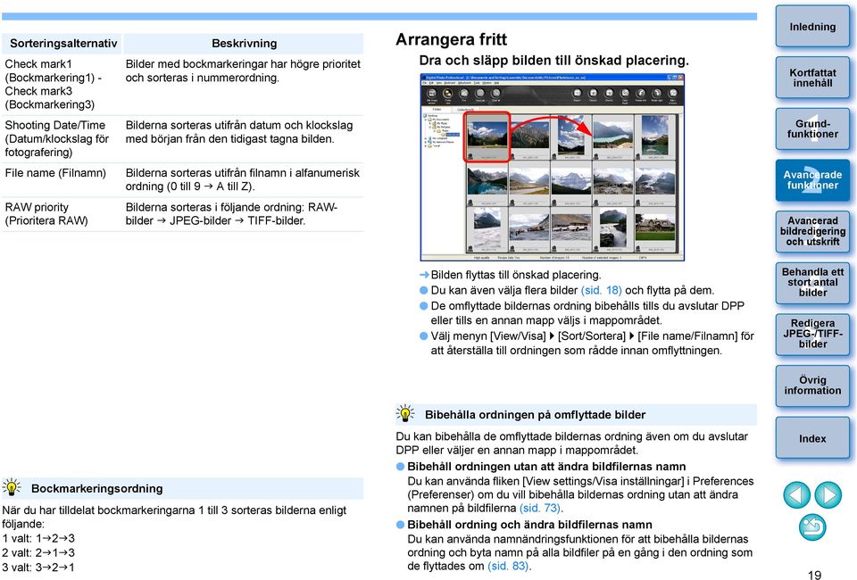 Bilderna sorteras utifrån filnamn i alfanumerisk ordning (0 till 9 A till Z). Bilderna sorteras i följande ordning: RAW JPEG- TIFF-. Arrangera fritt Dra och släpp bilden till önskad placering.