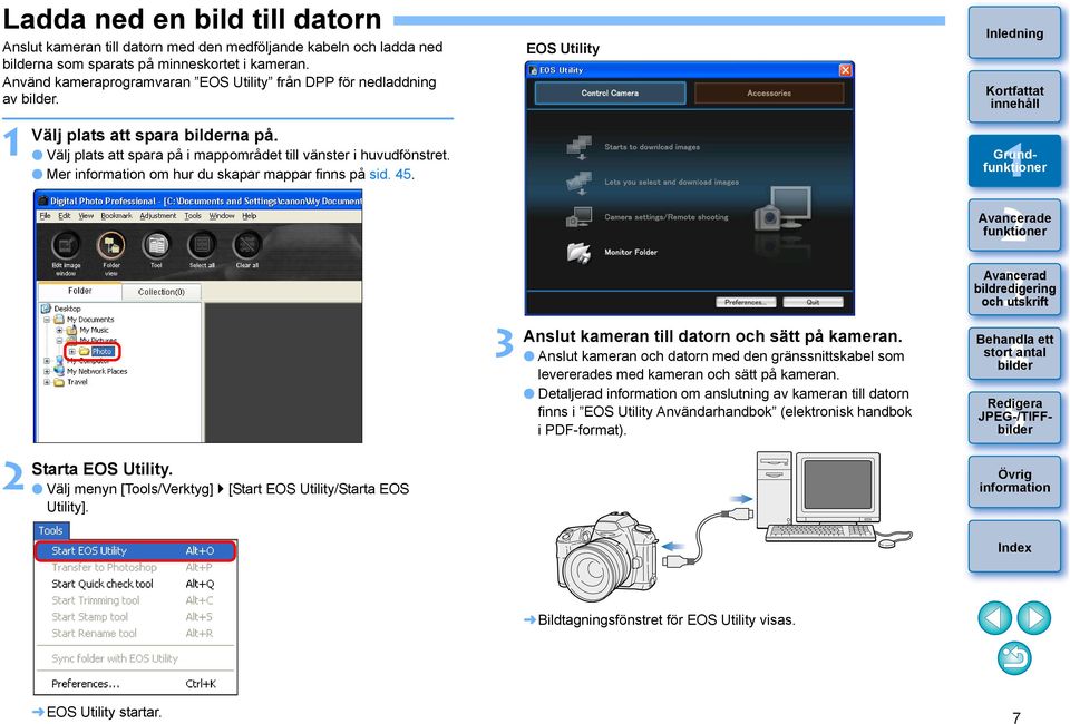 Mer om hur du skapar mappar finns på sid.. EOS Utility Starta EOS Utility. Välj menyn [Tools/Verktyg] [Start EOS Utility/Starta EOS Utility]. Anslut kameran till datorn och sätt på kameran.