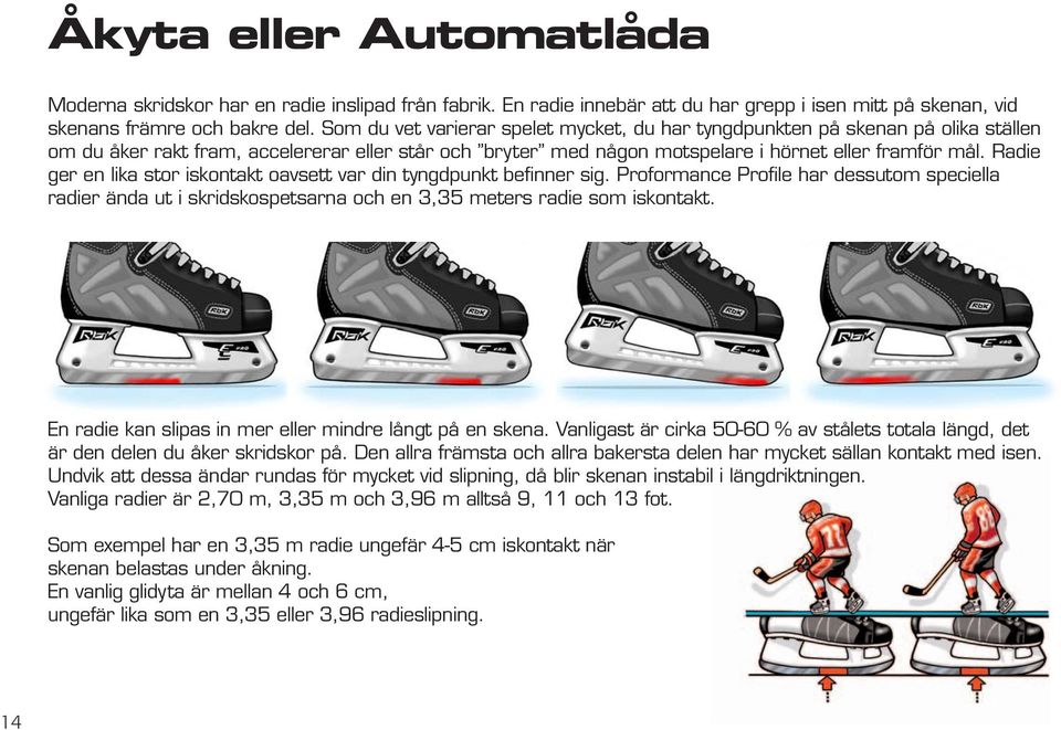 Radie ger en lika stor iskontakt oavsett var din tyngdpunkt befinner sig. Proformance Profile har dessutom speciella radier ända ut i skridskospetsarna och en 3,35 meters radie som iskontakt.