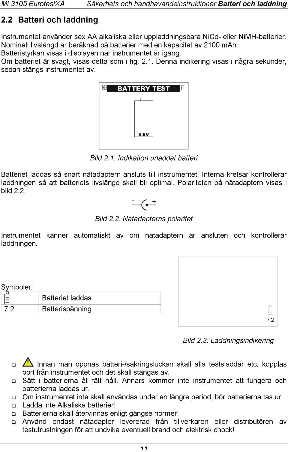 Bild 2.1: Indikation urladdat batteri Batteriet laddas så snart nätadaptern ansluts till instrumentet. Interna kretsar kontrollerar laddningen så att batteriets livslängd skall bli optimal.