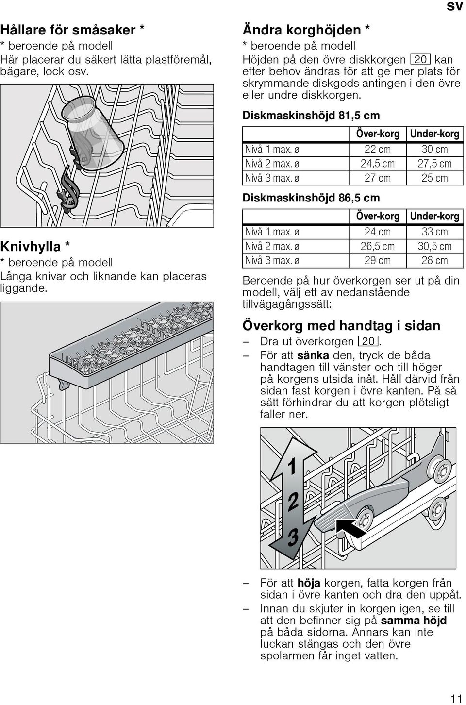 sv korghöjdenändra korghöjden * * beroende på modell Höjden på den övre diskkorgen 1" kan efter behov ändras för att ge mer plats för skrymmande diskgods antingen i den övre eller undre diskkorgen.