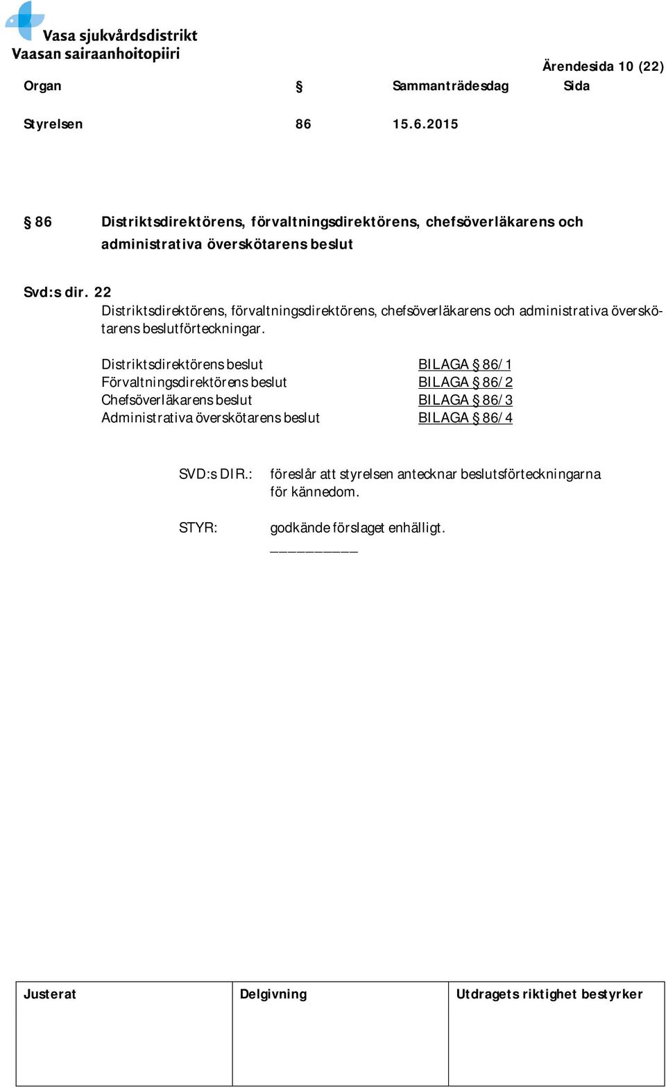 22 Distriktsdirektörens, förvaltningsdirektörens, chefsöverläkarens och administrativa överskötarens beslutförteckningar.