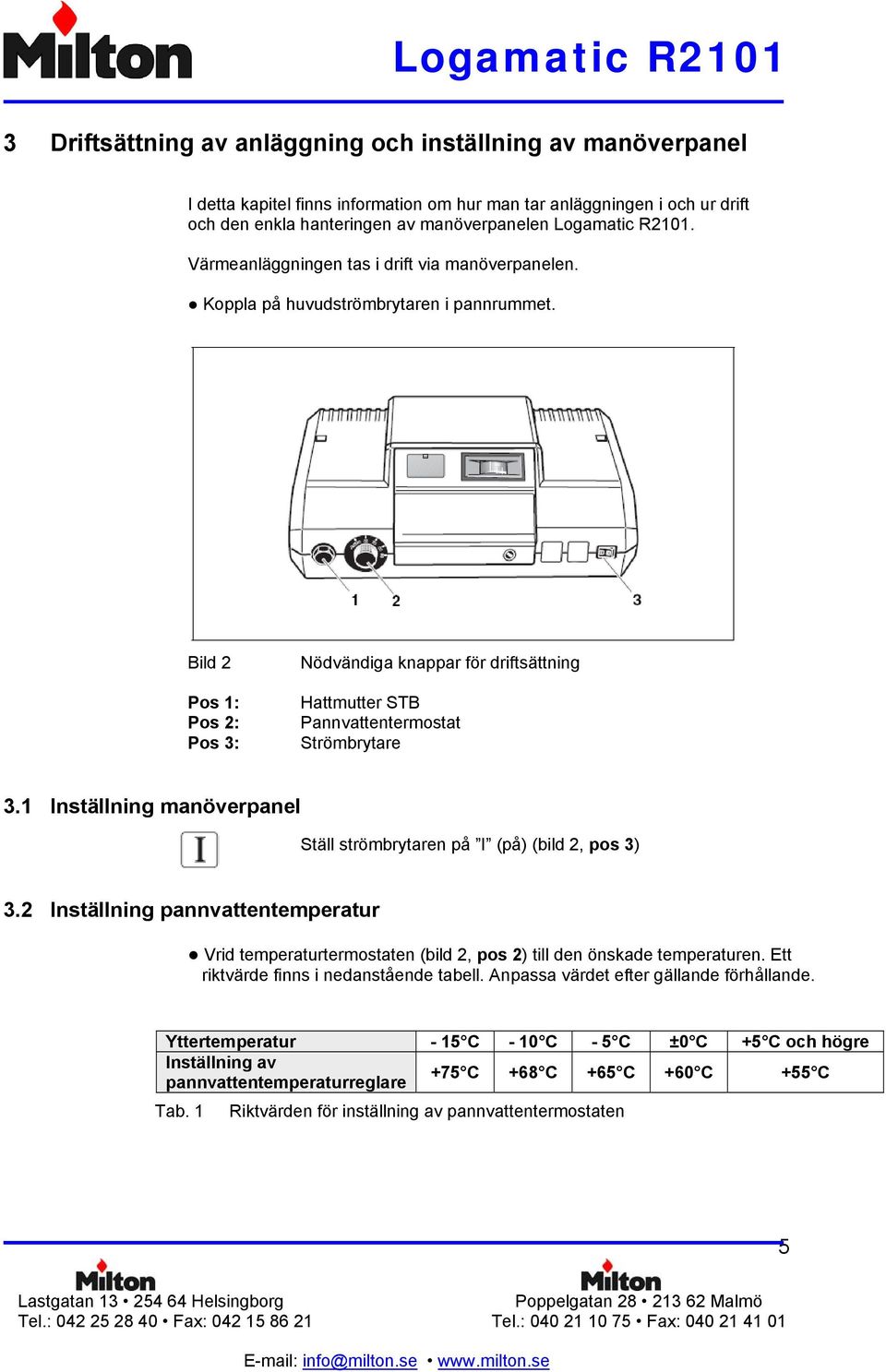 Bild 2 Pos 1: Pos 2: Pos 3: Nödvändiga knappar för driftsättning Hattmutter STB Pannvattentermostat Strömbrytare 3.1 Inställning manöverpanel Ställ strömbrytaren på I (på) (bild 2, pos 3) 3.