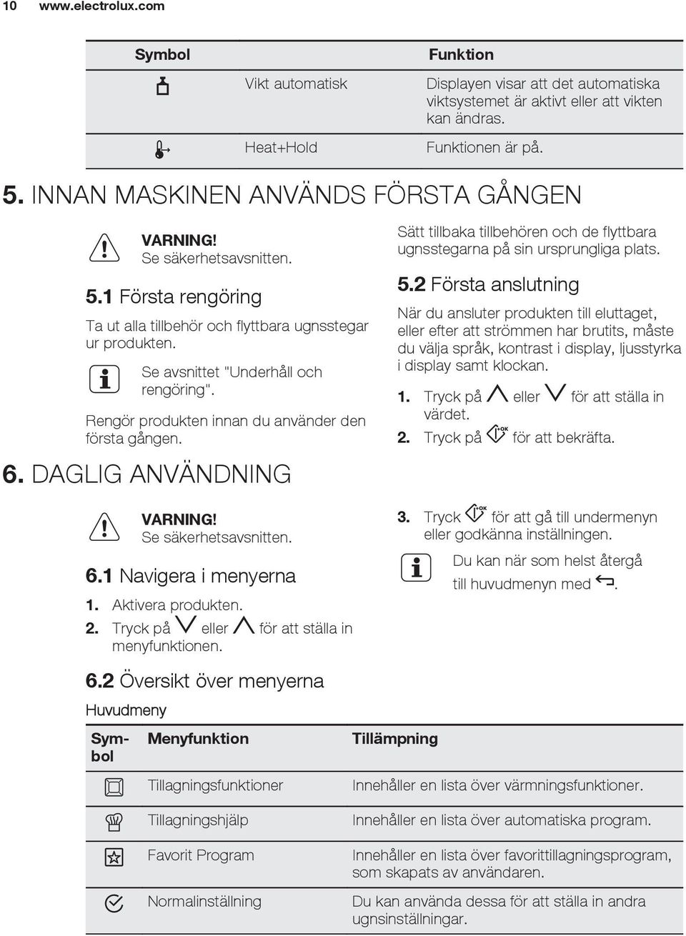 Rengör produkten innan du använder den första gången. 6. DAGLIG ANVÄNDNING VARNING! Se säkerhetsavsnitten. 6.1 Navigera i menyerna 1. Aktivera produkten. 2.