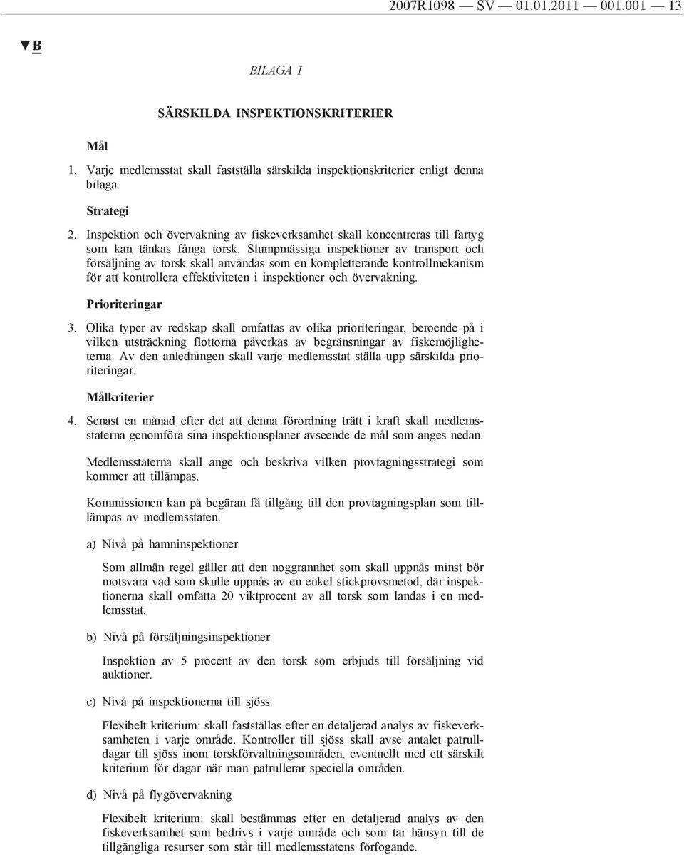 Slumpmässiga inspektioner av transport och försäljning av torsk skall användas som en kompletterande kontrollmekanism för att kontrollera effektiviteten i inspektioner och övervakning.