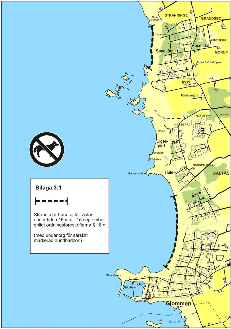 Pannaboudden Bilaga 3:1 Strand, där hund ej får vistas under tiden 15 maj - 15 september enligt