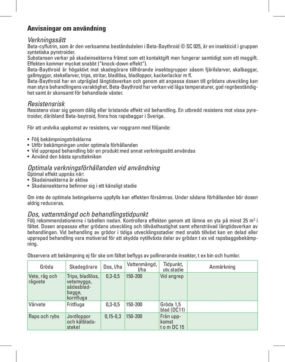 Beta-Baythroid är högaktivt mot skadegörare tillhörande insektsgrupper såsom fjärilslarver, skalbaggar, gallmyggor, stekellarver, trips, stritar, bladlöss, bladloppor, kackerlackor m fl.
