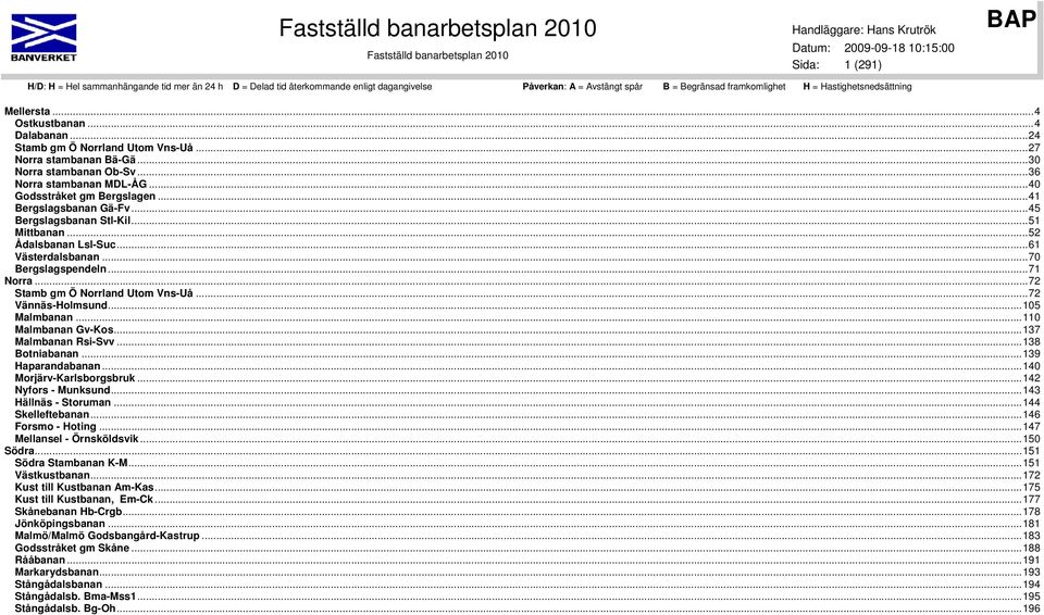 ..72 Stamb gm Ö Norrland Utom Vns-Uå...72 Vännäs-Holmsund...105 Malmbanan...110 Malmbanan Gv-Kos...137 Malmbanan Rsi-Svv...138 Botniabanan...139 Haparandabanan...140 Morjärv-Karlsborgsbruk.