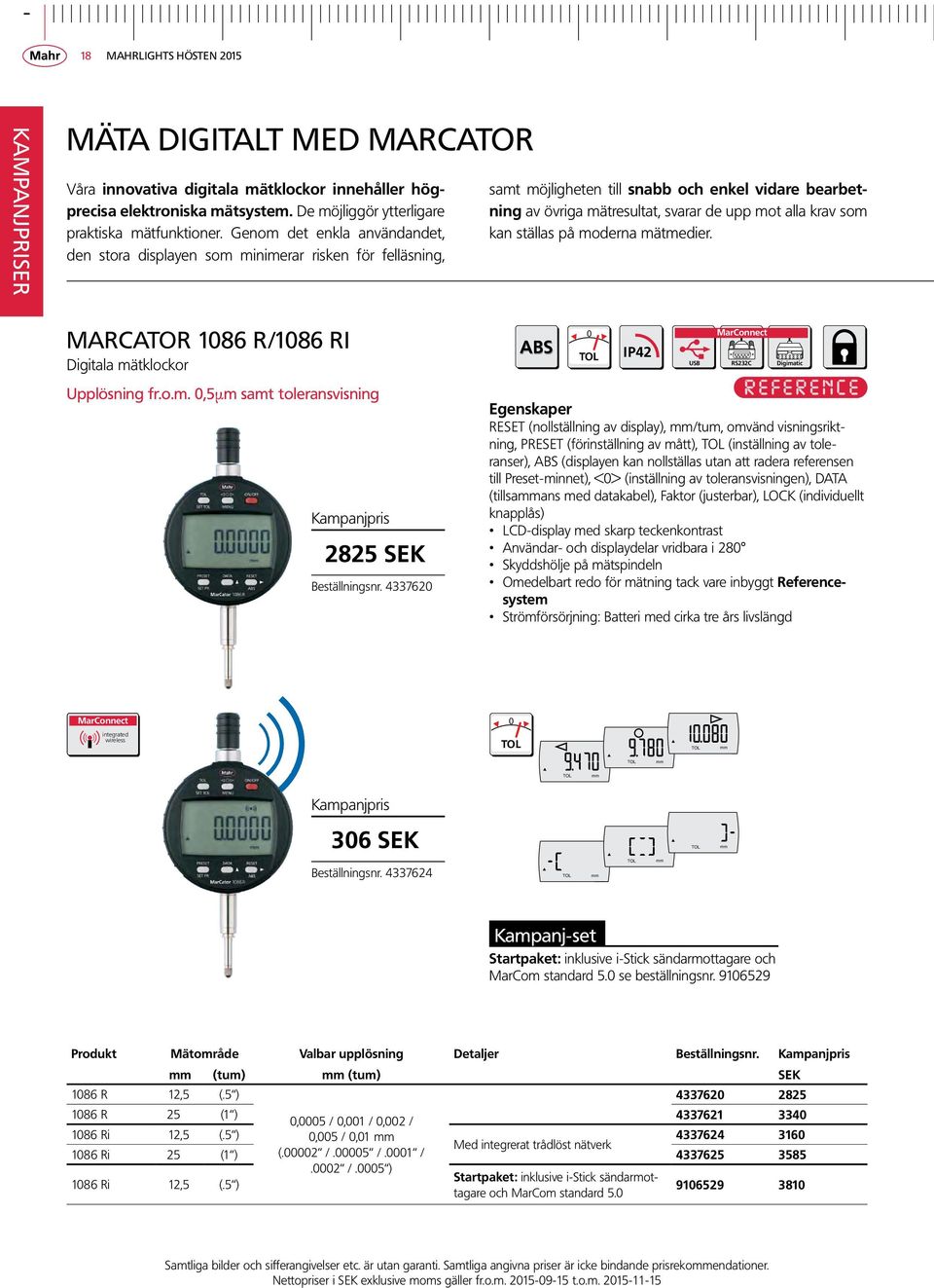 kan ställas på moderna mätmedier. MarCator 1086 R/1086 Ri Digitala mätklockor Upplösning fr.o.m. 0,5µm samt toleransvisning 2825 SEK Beställningsnr.