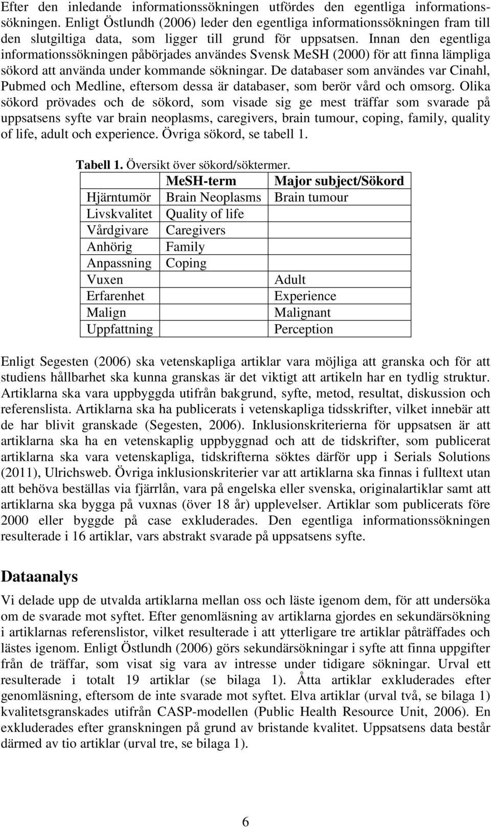 Innan den egentliga informationssökningen påbörjades användes Svensk MeSH (2000) för att finna lämpliga sökord att använda under kommande sökningar.