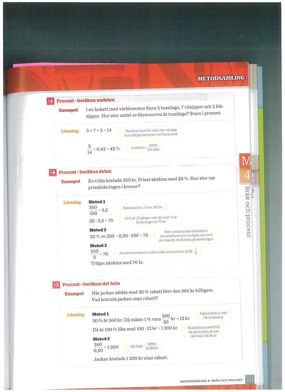 Hur stor var prissänkningen i kronor? Lösning Metod 350 00 0 35 = 70 Metod Beräkna först % av 350 kr. 0% av 350 = 0,0350 = 70 Metod3 = 70 Tröjan sänktes med 70 kr.