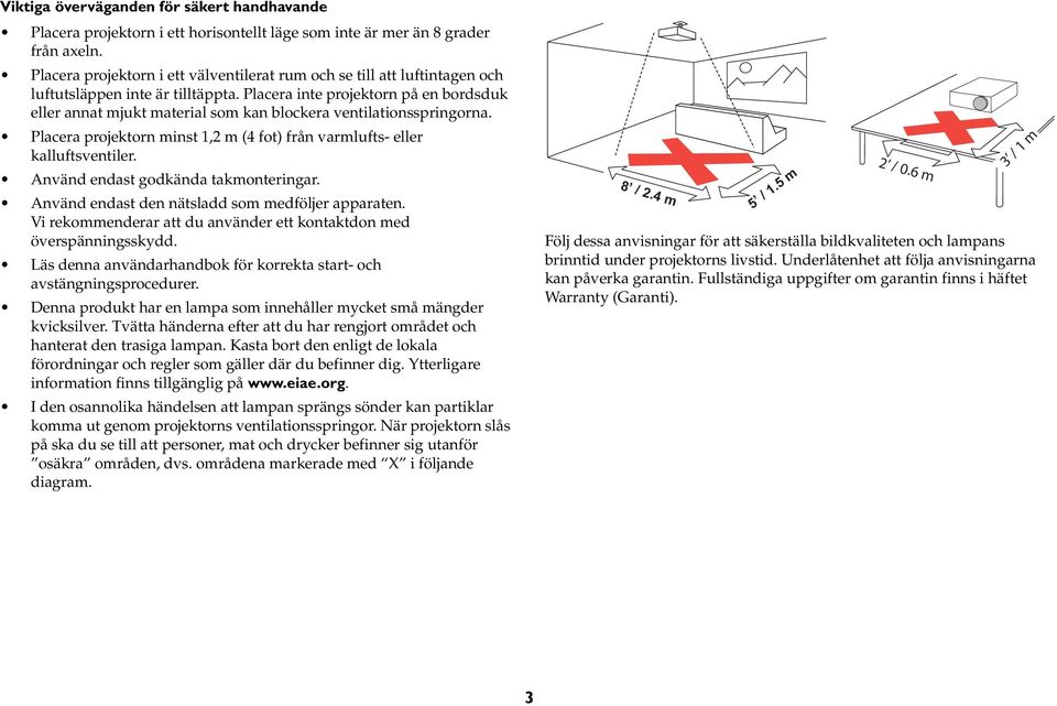 Placera inte projektorn på en bordsduk eller annat mjukt material som kan blockera ventilationsspringorna. Placera projektorn minst 1,2 m (4 fot) från varmlufts- eller kalluftsventiler.