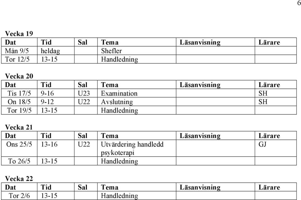 19/5 13-15 Handledning Vecka 21 Ons 25/5 13-16 U22 Utvärdering handledd