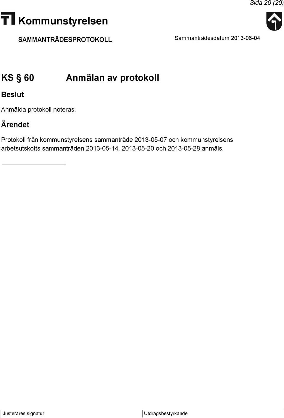 Protokoll från kommunstyrelsens sammanträde