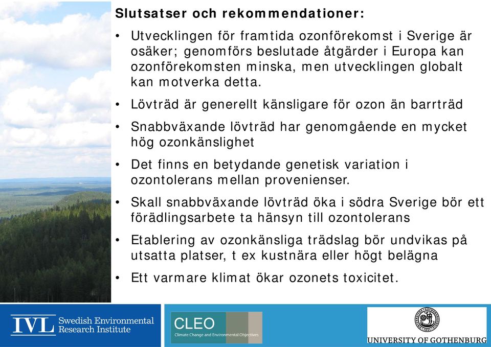 Lövträd är generellt känsligare för ozon än barrträd Snabbväxande lövträd har genomgående en mycket hög ozonkänslighet Det finns en betydande genetisk variation