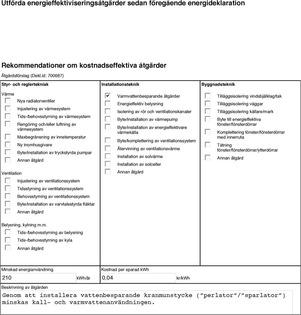 innetemperatur Ny inomhusgivare Byte/installation av tryckstyrda pumpar Annan åtgärd Injustering av ventilationssystem Tidsstyrning av ventilationssystem Behovsstyrning av ventilationssystem