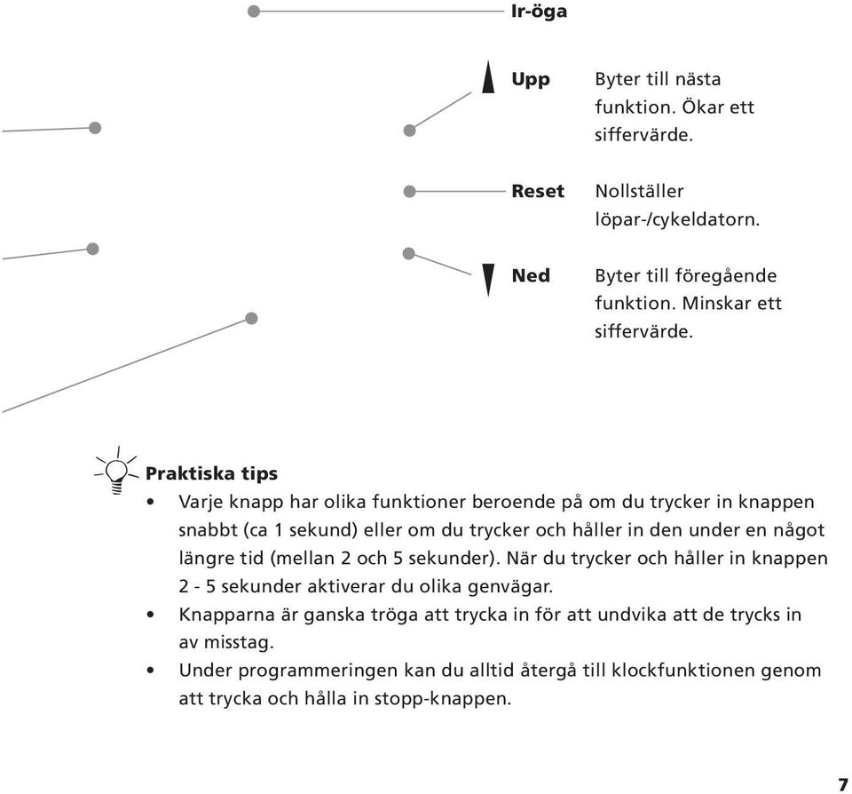 något längre tid (mellan 2 och 5 sekunder). När du trycker och håller in knappen 2-5 sekunder aktiverar du olika genvägar.