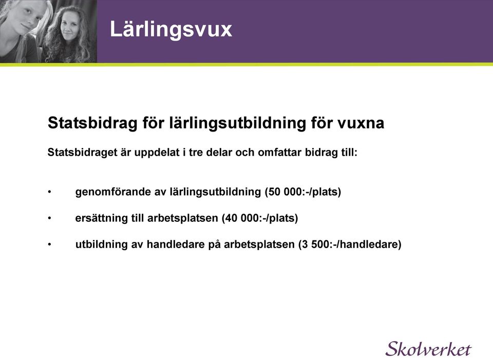 lärlingsutbildning (50 000:-/plats) ersättning till arbetsplatsen (40