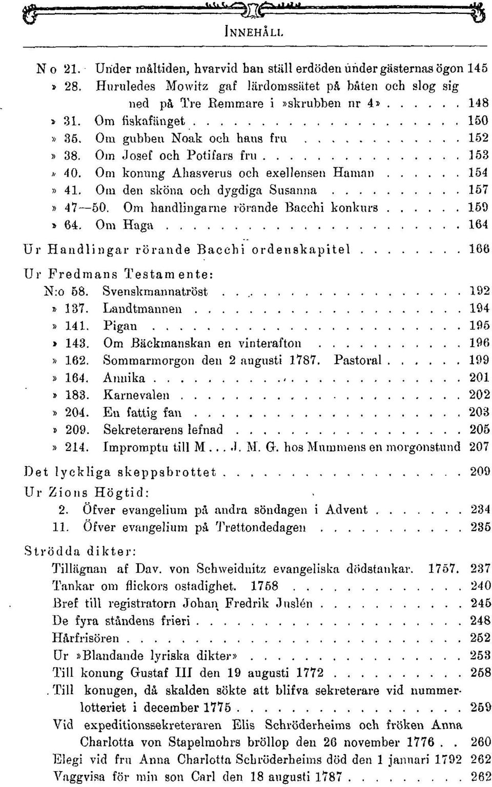 Om handlingarne rörande Bacchi konkurs 159» 64. Om Haga 164 Ur Handlingar rörande Bacchi ordenskapitel 166 Ur Fredmans Testamente: N:o 68. Svenskmannatröst.. 192» 137. Landtmannen 194» 141.