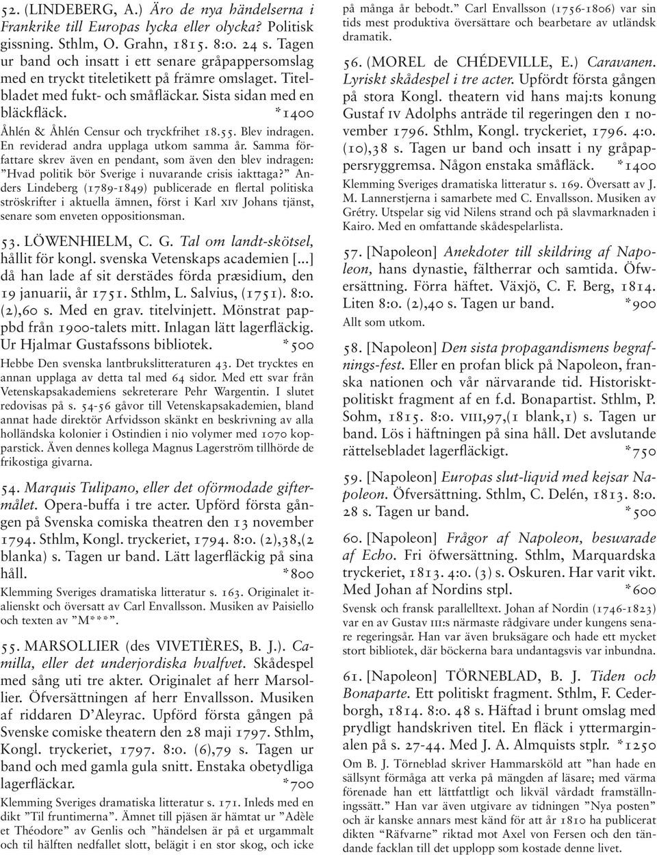 *1400 Åhlén & Åhlén Censur och tryckfrihet 18.55. Blev indragen. En reviderad andra upplaga utkom samma år.