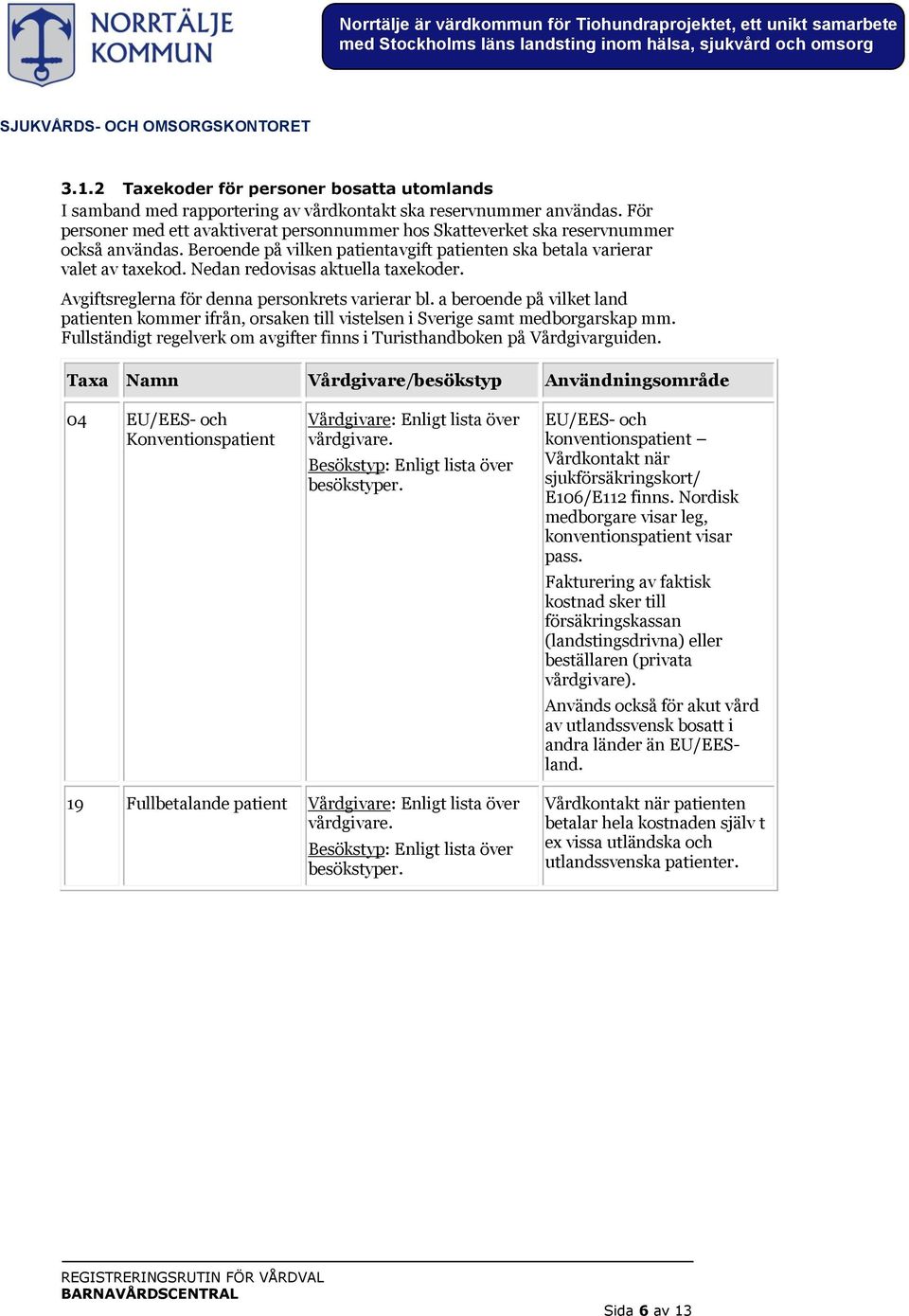Nedan redovisas aktuella taxekoder. Avgiftsreglerna för denna personkrets varierar bl. a beroende på vilket land patienten kommer ifrån, orsaken till vistelsen i Sverige samt medborgarskap mm.