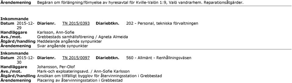 Åtgärd/handling Meddelande angående synpunkter Ärendemening Svar angående synpunkter nkommande Datum 2015-12- Diarienr. TN 2015/0097 Diariebtkn.