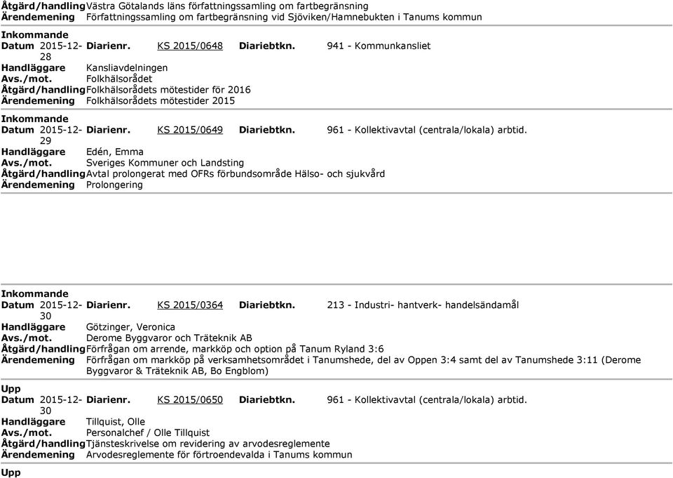 Folkhälsorådet Åtgärd/handling Folkhälsorådets mötestider för 2016 Ärendemening Folkhälsorådets mötestider 2015 nkommande Datum 2015-12- Diarienr. KS 2015/0649 Diariebtkn.