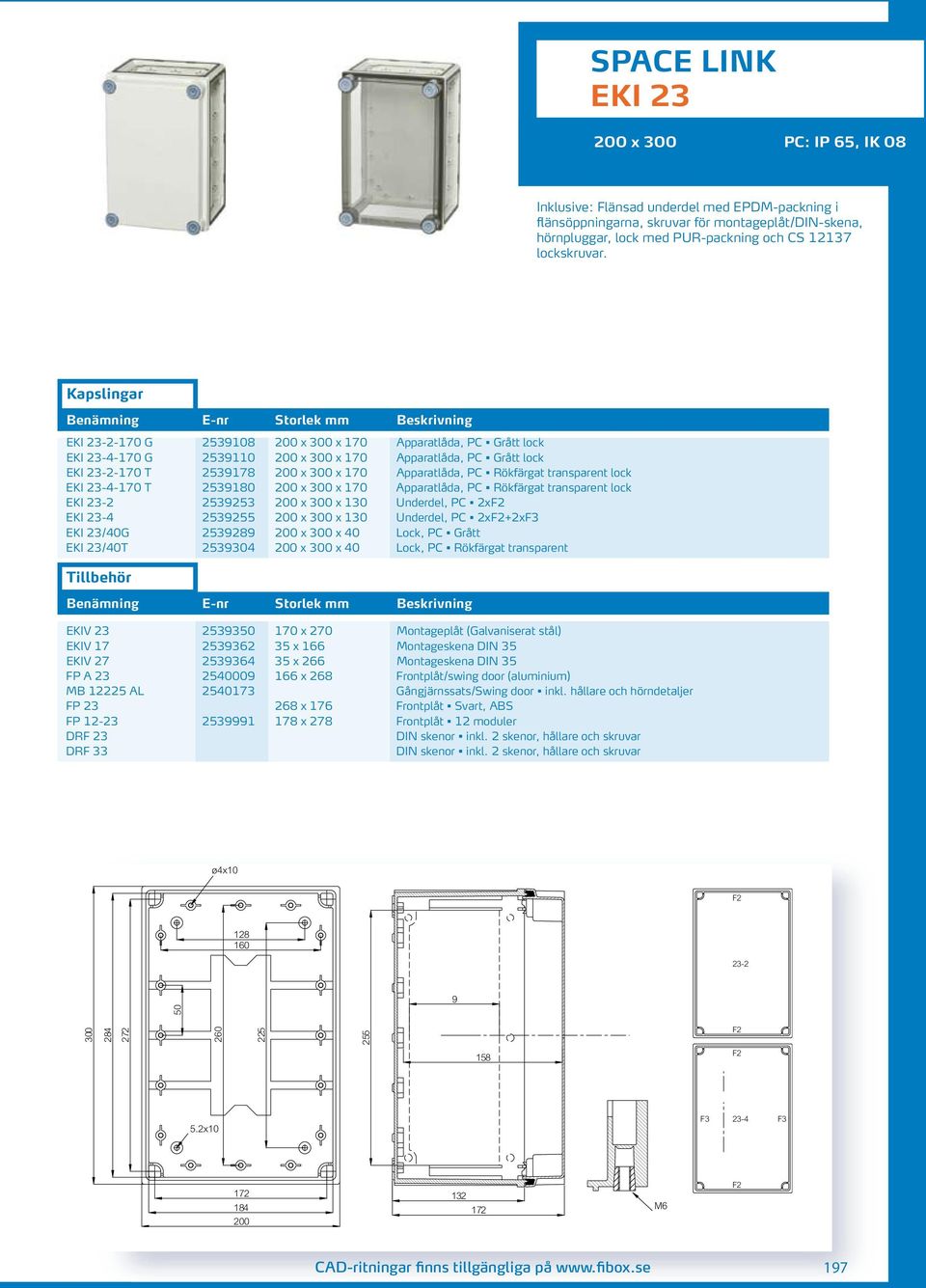 EKI 23-2-170 G 2539108 200 x 300 x 170 Apparatlåda, PC Grått lock EKI 23-4-170 G 2539110 200 x 300 x 170 Apparatlåda, PC Grått lock EKI 23-2-170 T 2539178 200 x 300 x 170 Apparatlåda, PC Rökfärgat